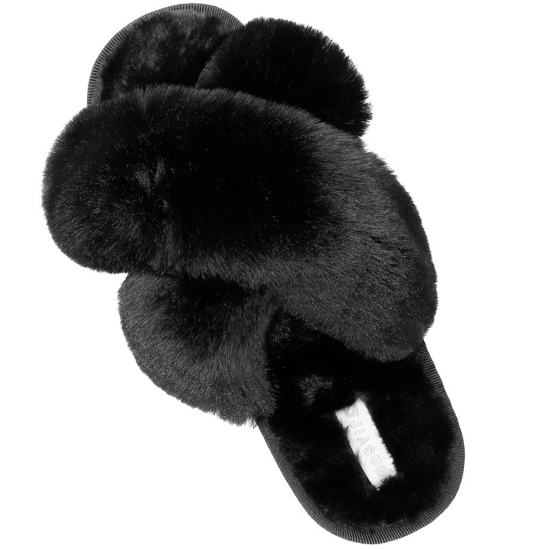 JIASUQI Cross Open Toe Fuzzy Fluffy House Slippers for Women Cozy Memory Foam Plush Criss Cross Furry Slides Slippers Black 8-9 - Image 1